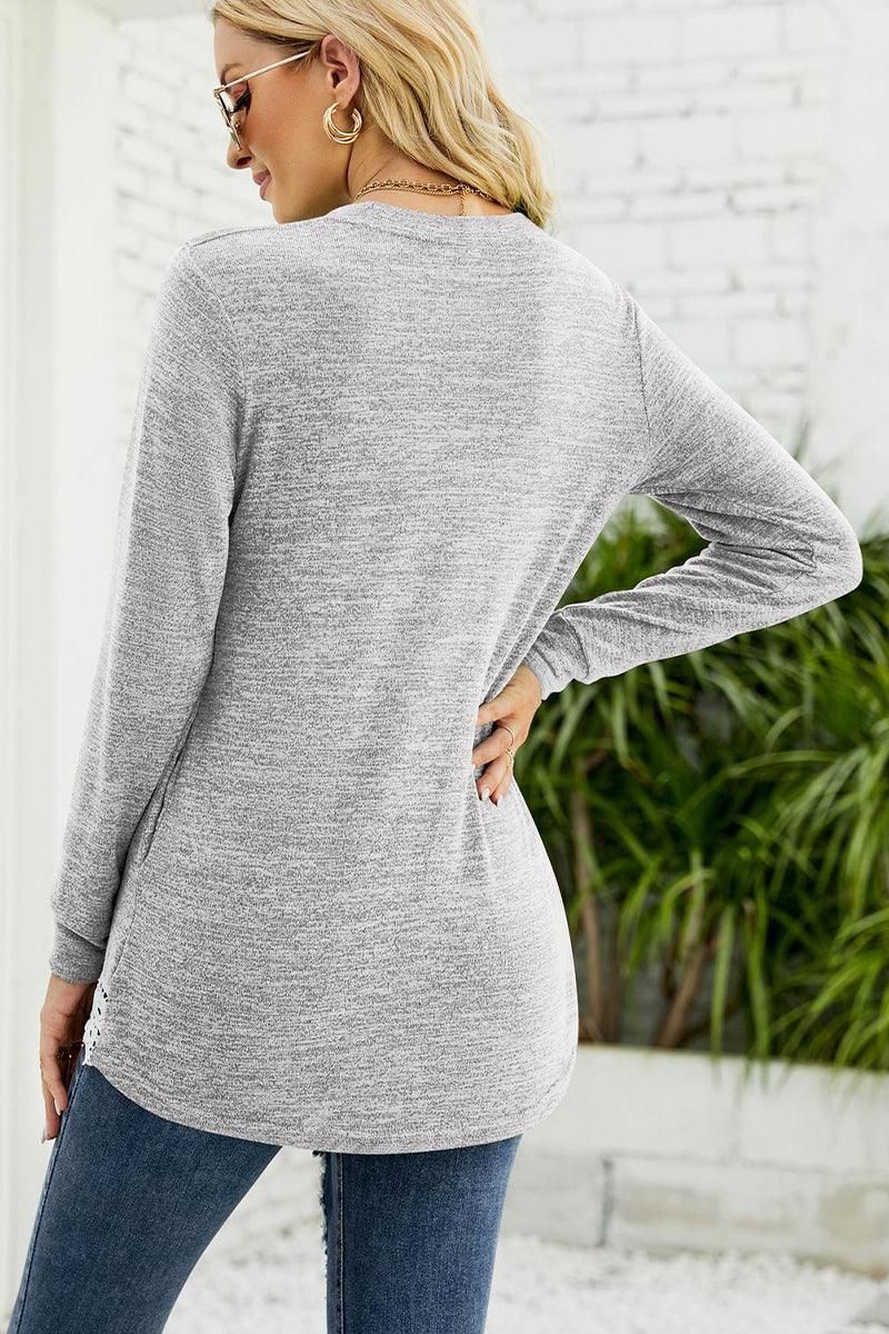 WOMEN ROUND NECK LACED HEM DETAILED PULLOVER TOP - Doublju