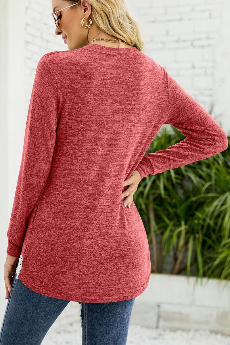 WOMEN ROUND NECK LACED HEM DETAILED PULLOVER TOP - Doublju