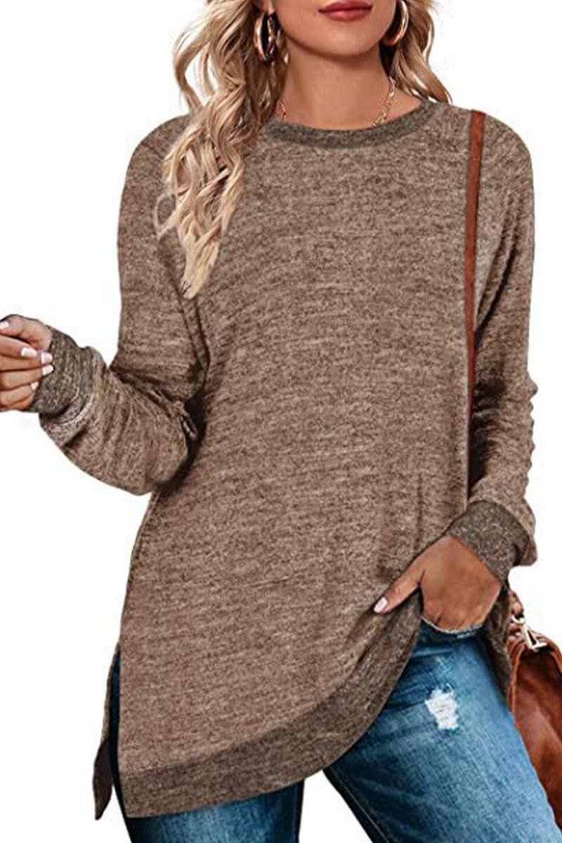 WOMEN SIDE SLIT OVERSIZED CREW NECK TEE - Doublju