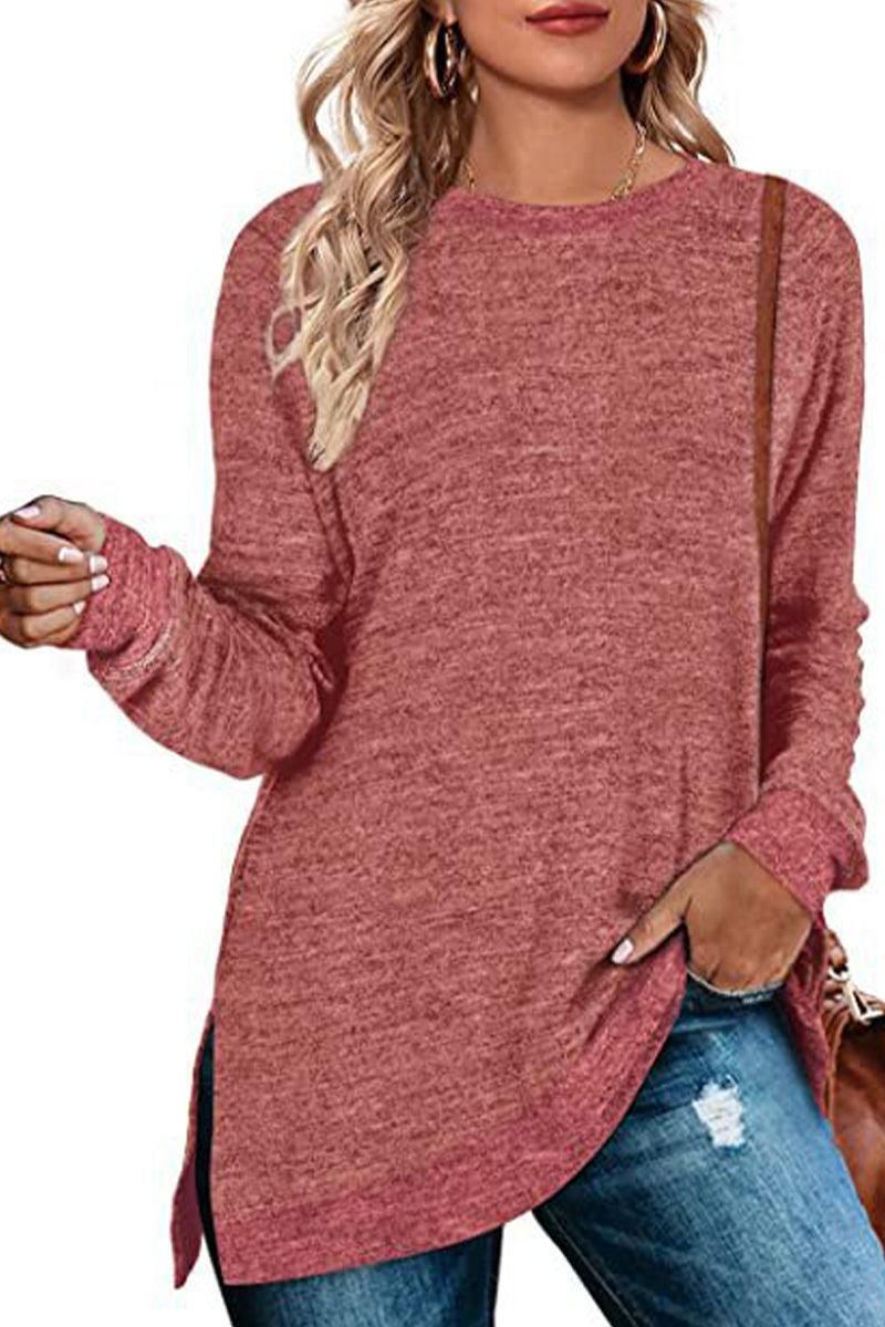 WOMEN SIDE SLIT OVERSIZED CREW NECK TEE - Doublju