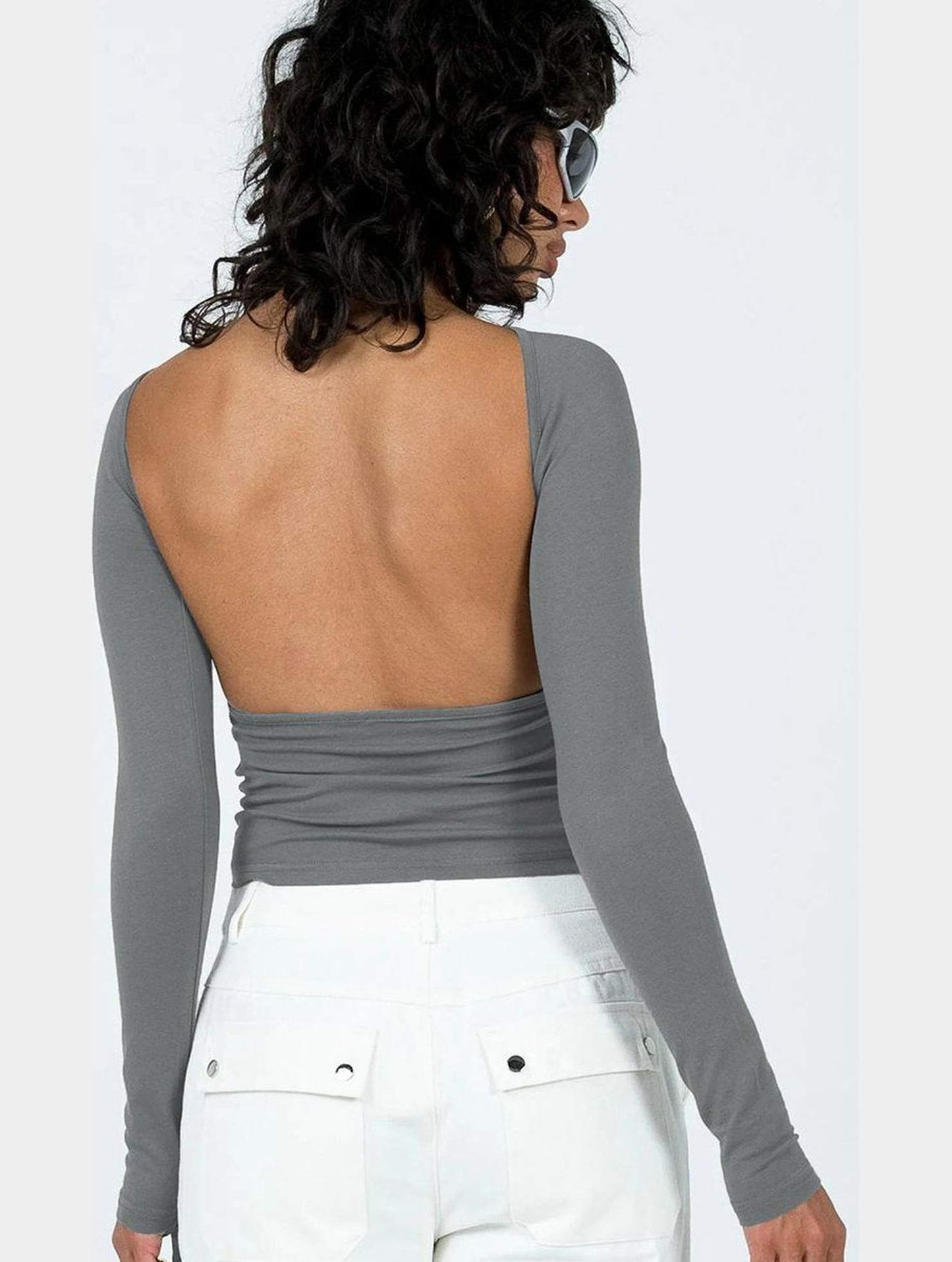 WOMEN LONG SLEEVE BACKLESS TIGHT T SHIRT