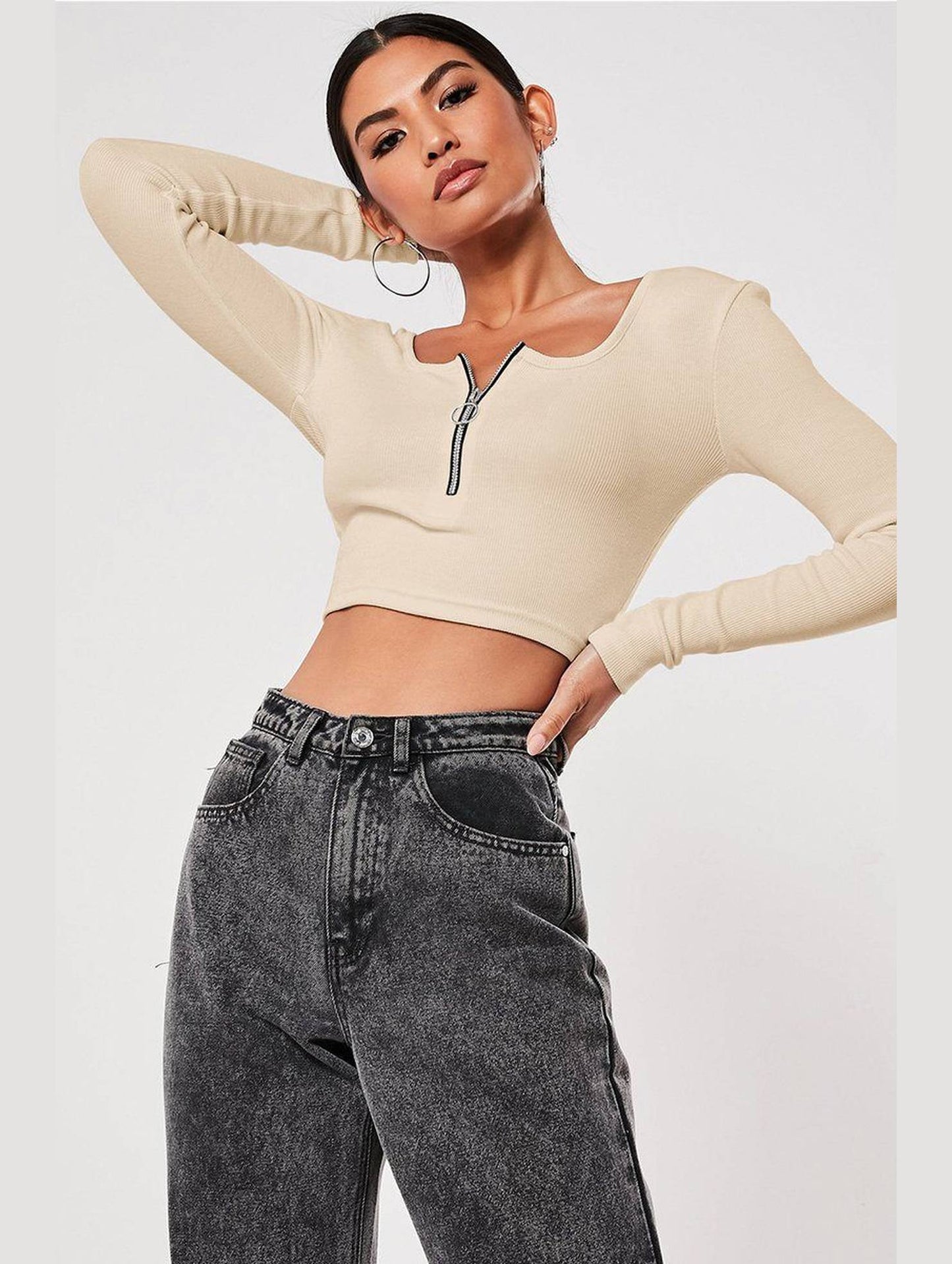 WOMEN HALF ZIP UP NECK LONG SLEEVE CROP TEE