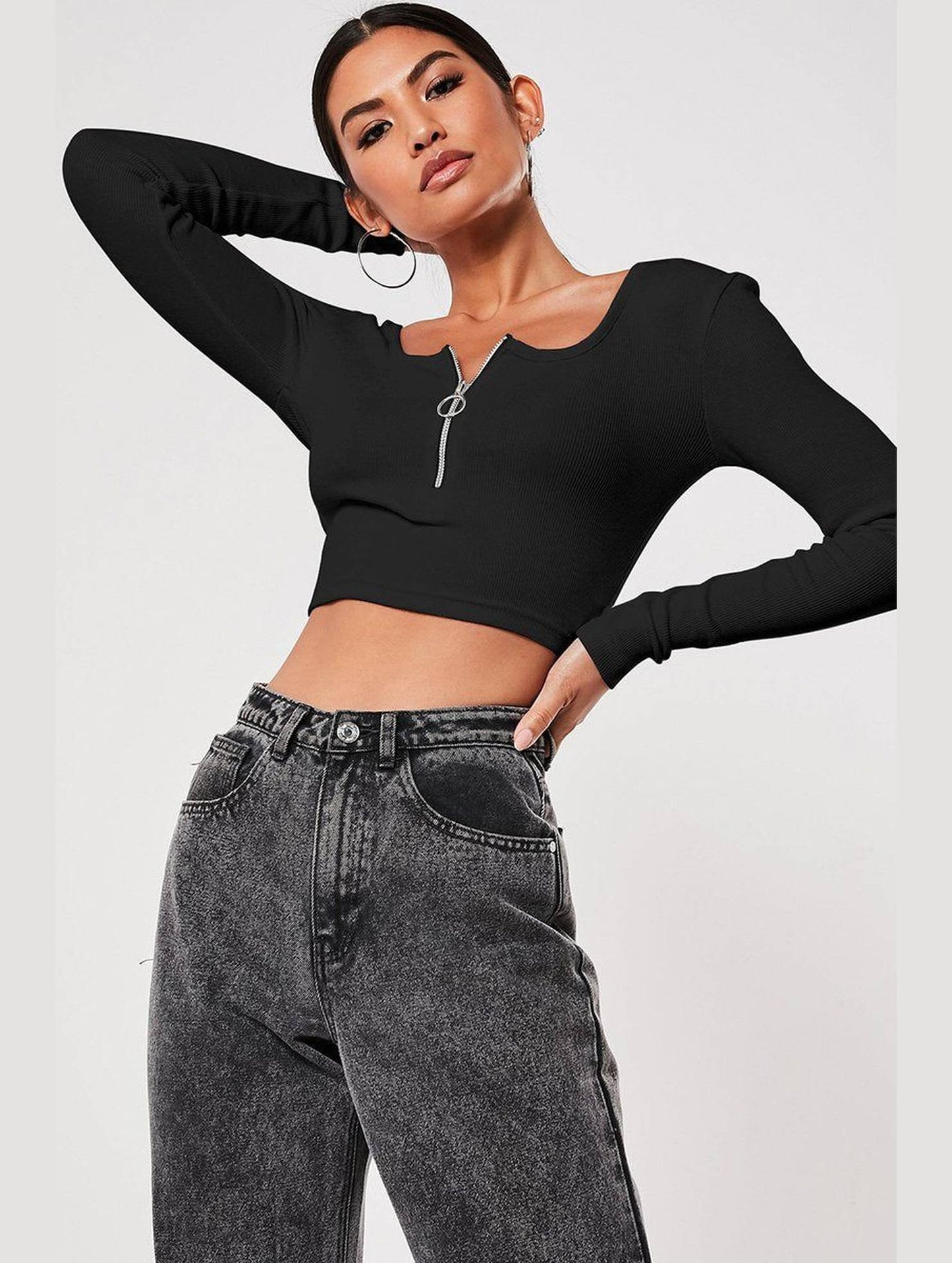 WOMEN HALF ZIP UP NECK LONG SLEEVE CROP TEE