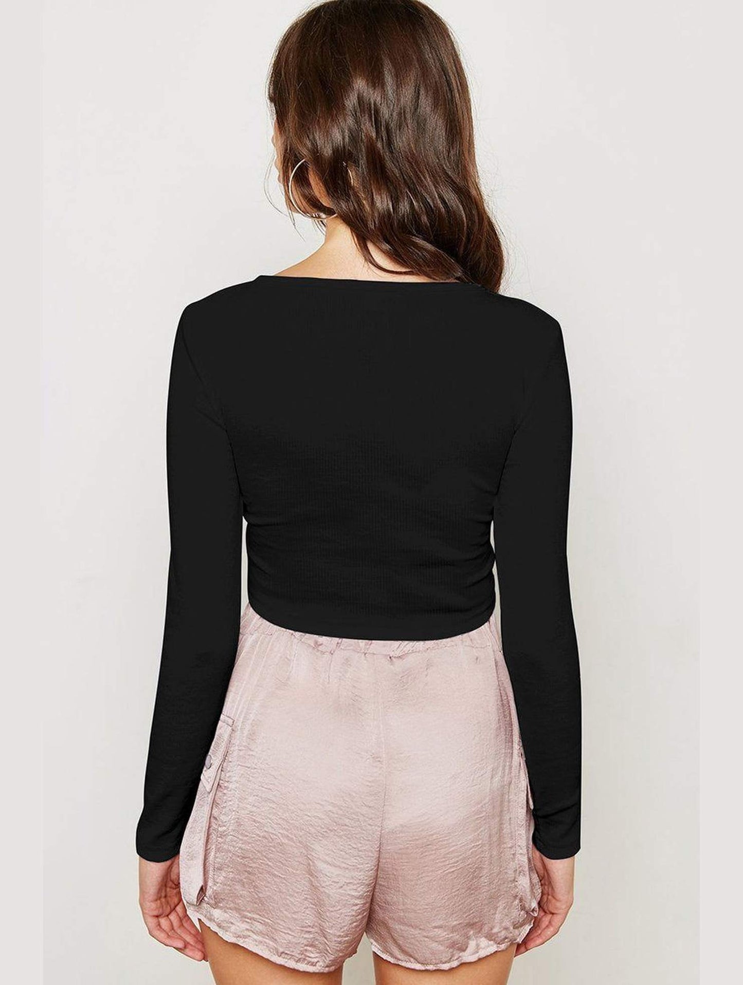 WOMEN HALF ZIP UP NECK LONG SLEEVE CROP TEE