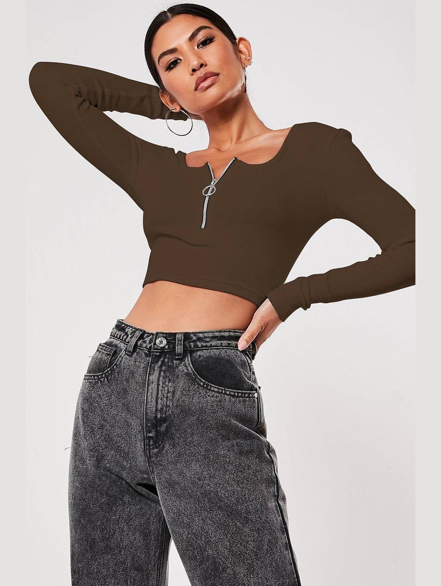 WOMEN HALF ZIP UP NECK LONG SLEEVE CROP TEE