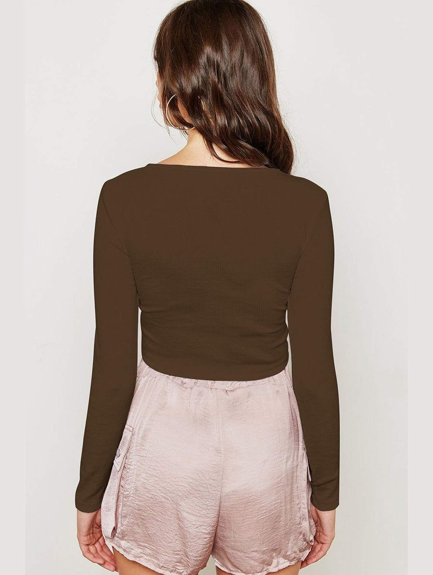 WOMEN HALF ZIP UP NECK LONG SLEEVE CROP TEE