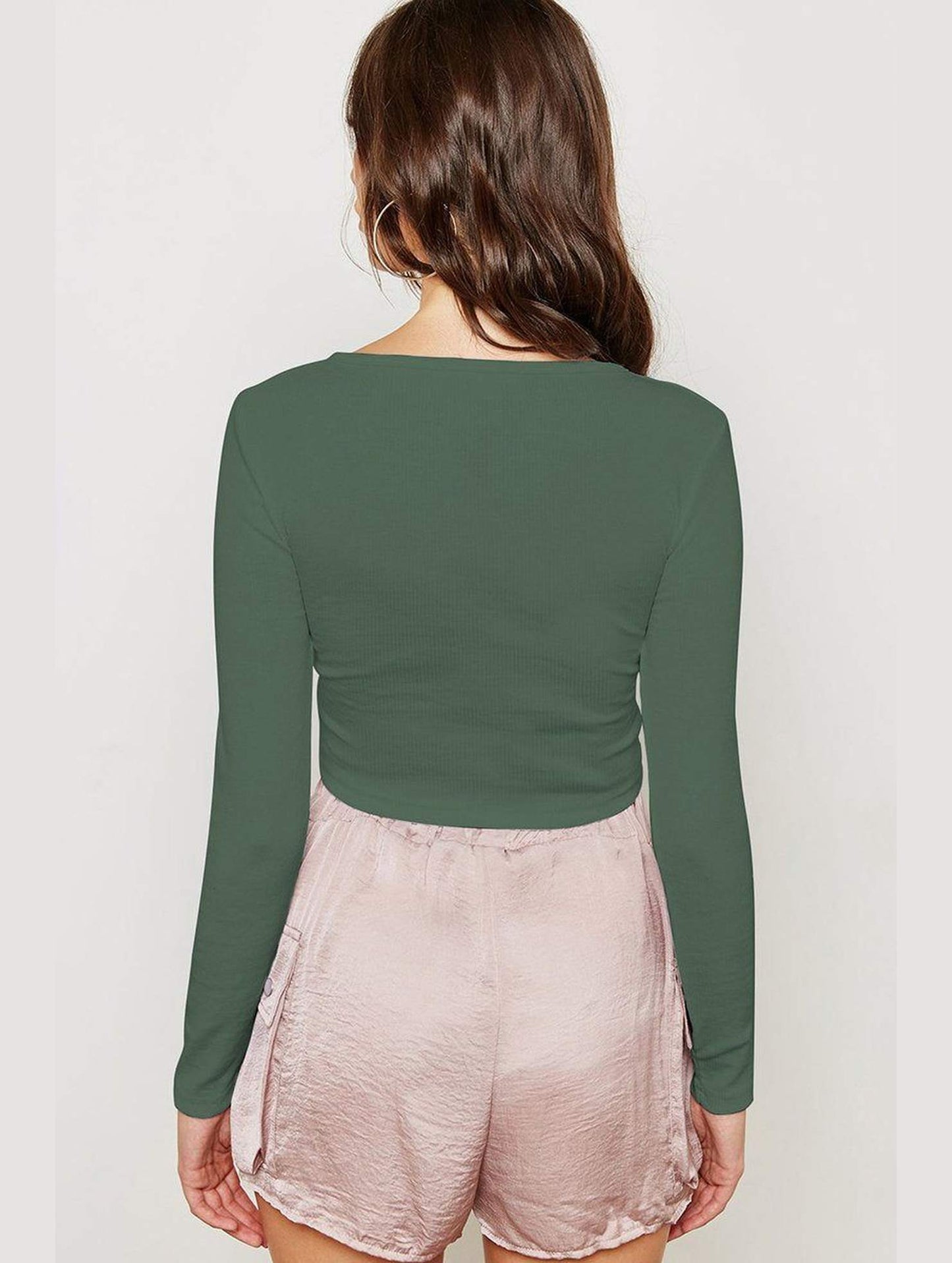 WOMEN HALF ZIP UP NECK LONG SLEEVE CROP TEE