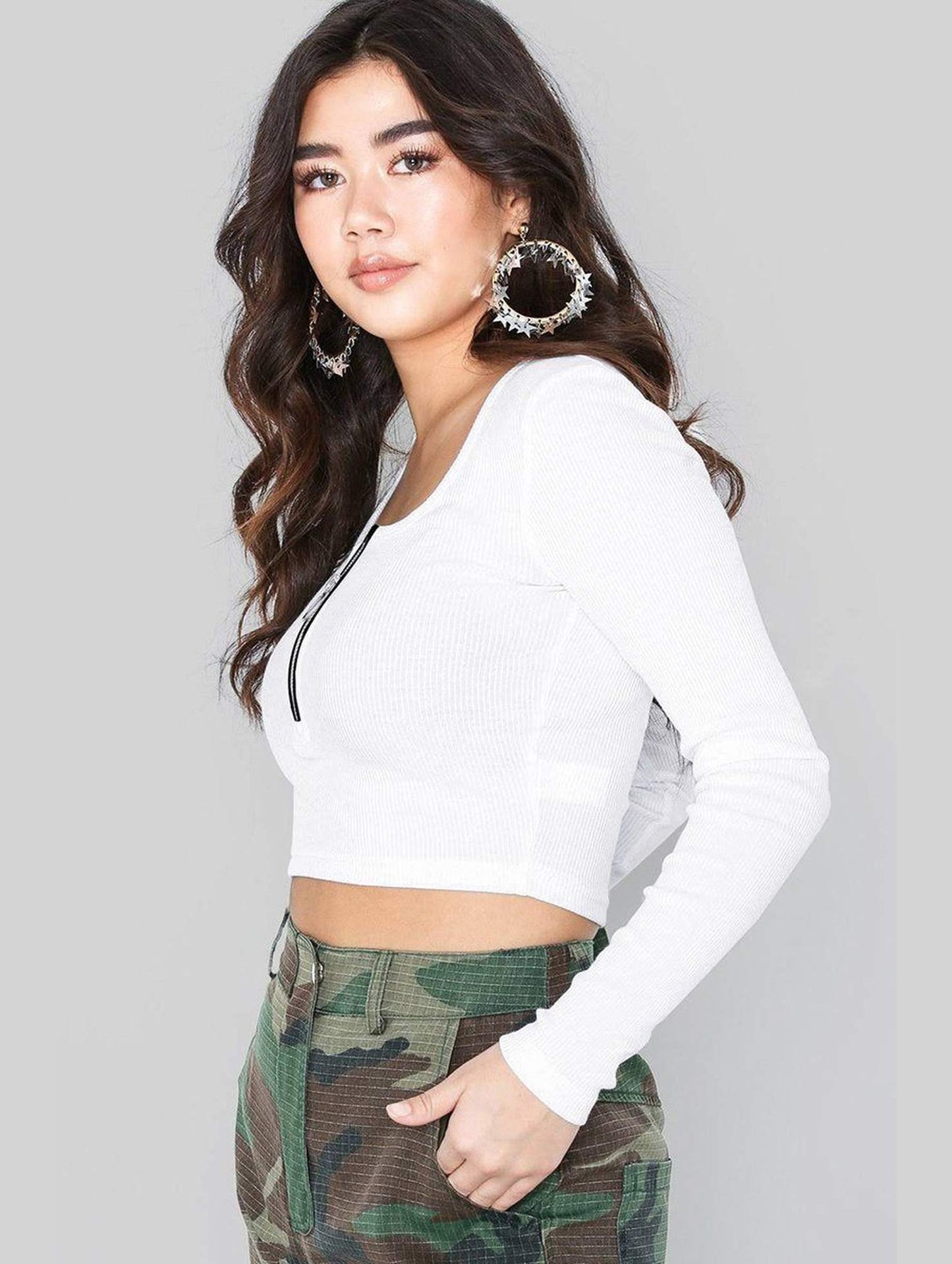 WOMEN HALF ZIP UP NECK LONG SLEEVE CROP TEE