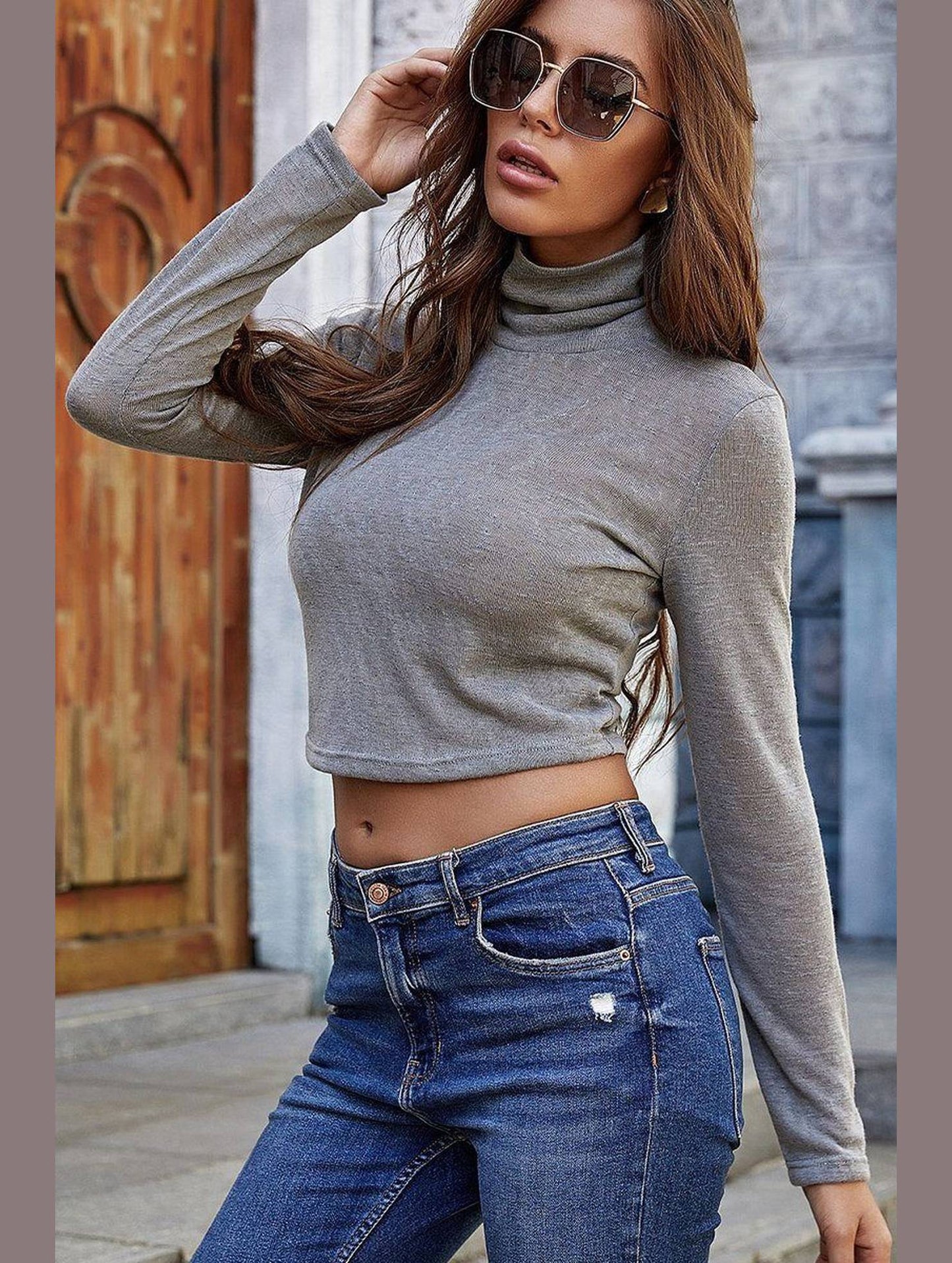 WOMEN HIGH NECK LONG SLEEVE CROP SWEATER