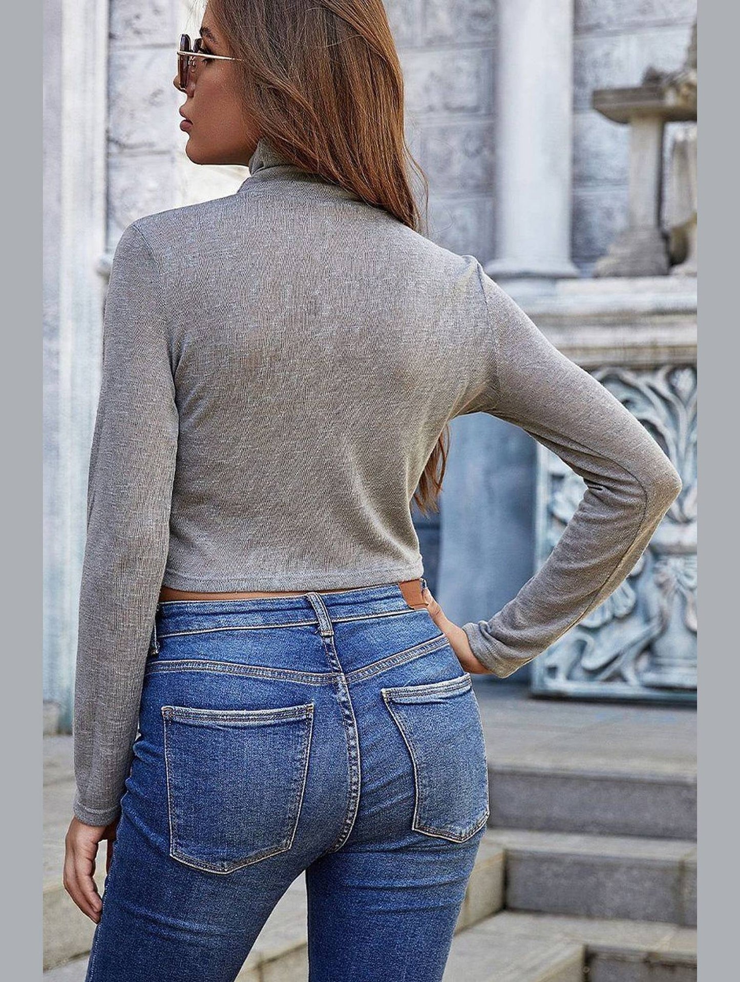 WOMEN HIGH NECK LONG SLEEVE CROP SWEATER