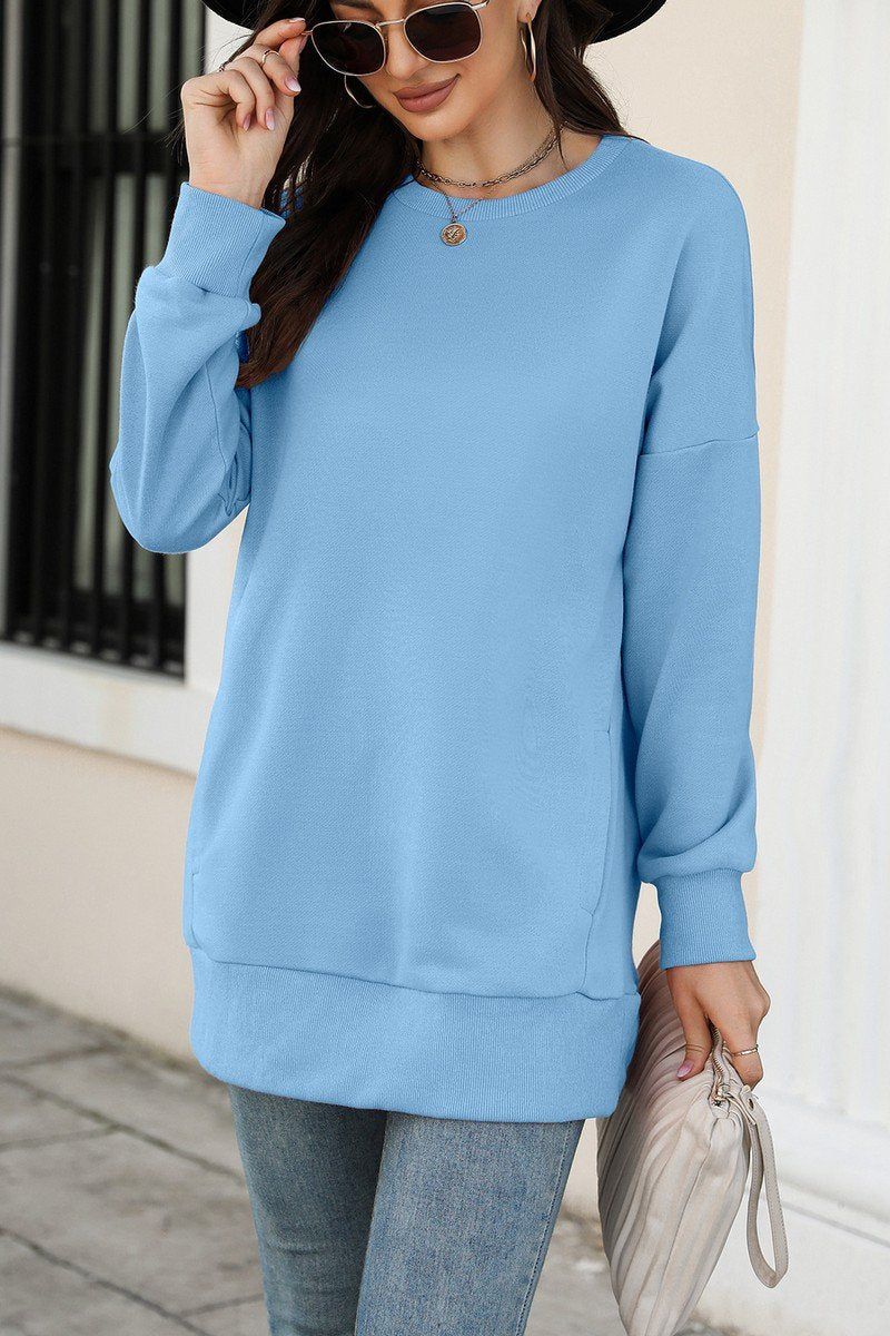 WOMEN CREW NECK LONG LENGTH PULLOVER TOP