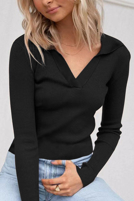WOMEN CORDUROY POLO NECK LONG SLEEVE TIGHT TEE