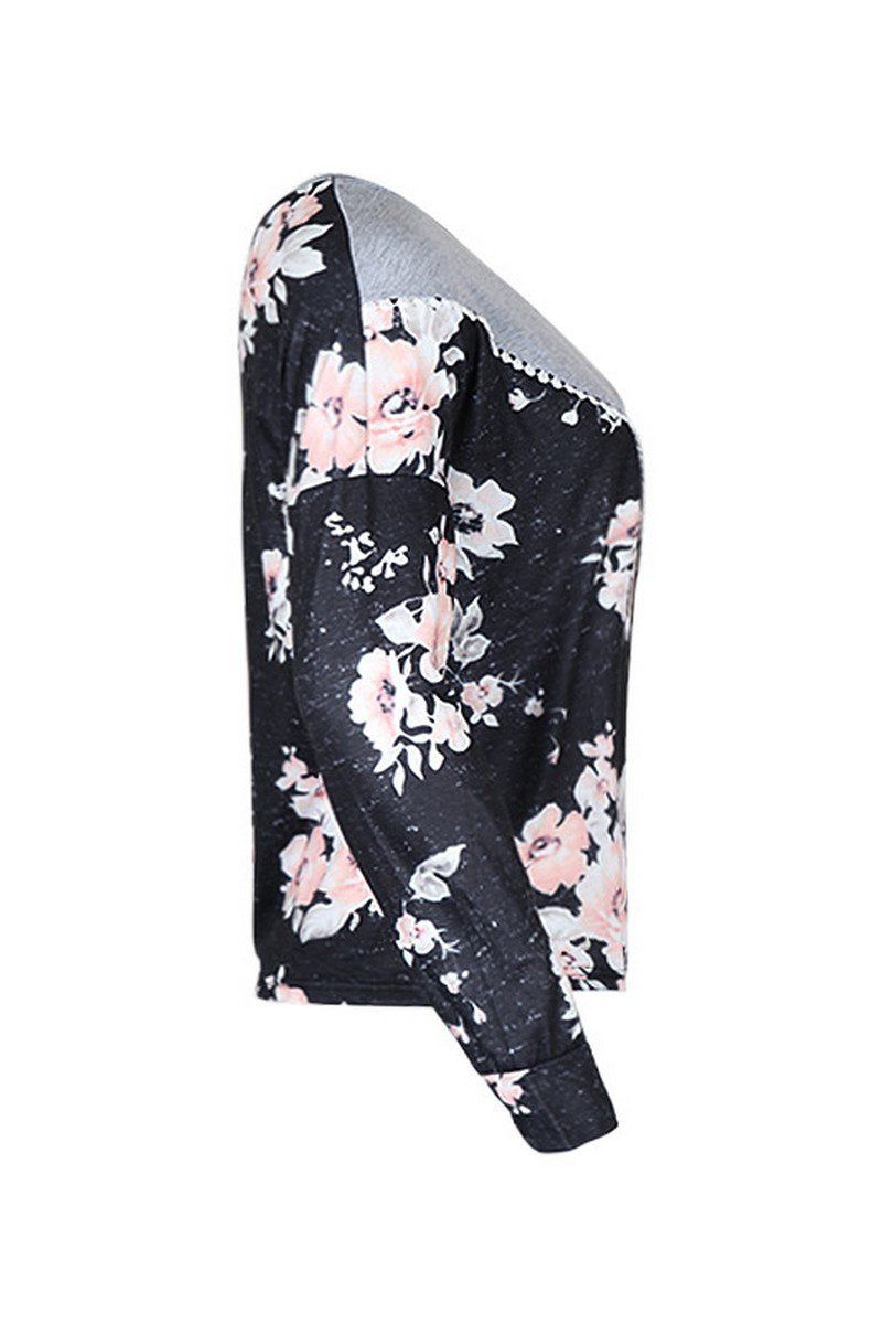 WOMEN ROUND NECK FLORAL PRINTING LONG SLEEVE TEE