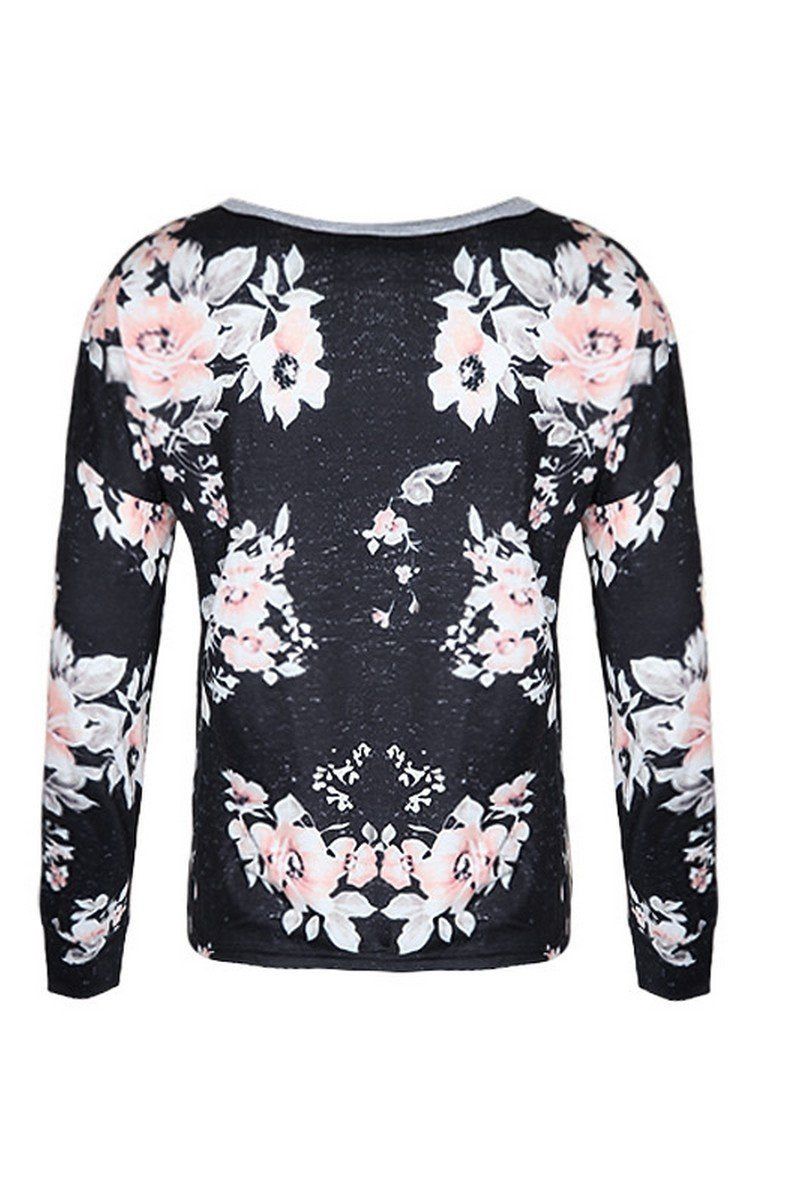 WOMEN ROUND NECK FLORAL PRINTING LONG SLEEVE TEE