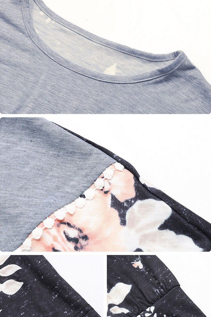 WOMEN ROUND NECK FLORAL PRINTING LONG SLEEVE TEE