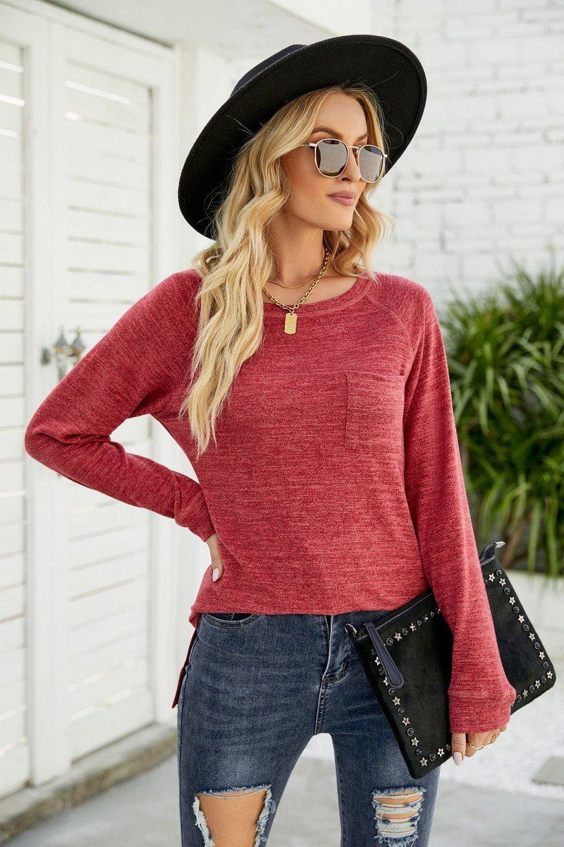 WOMEN BASIC DAILY CREWNECK T SHIRT WITH POCKET