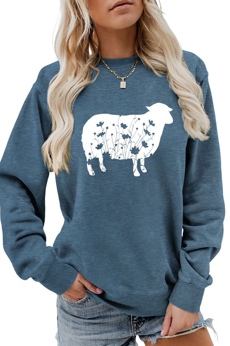 WOMEN SHEEP PRINTING CUTE LONG SLEEVE PULLOVER