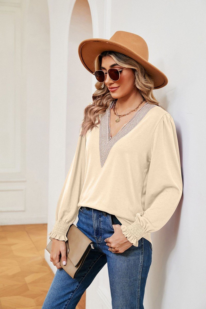 WOMEN GUIPURE LACE TRIM LONG SLEEVE CASUAL BLOUSE