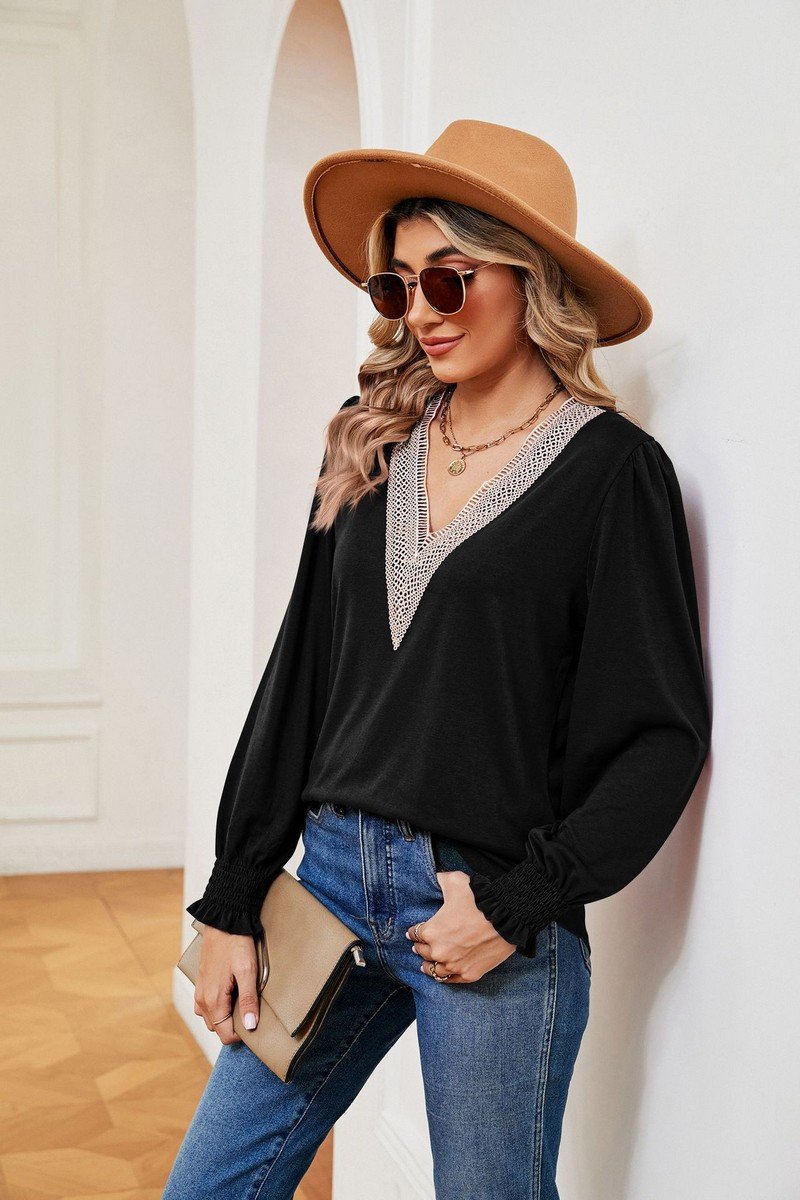 WOMEN GUIPURE LACE TRIM LONG SLEEVE CASUAL BLOUSE