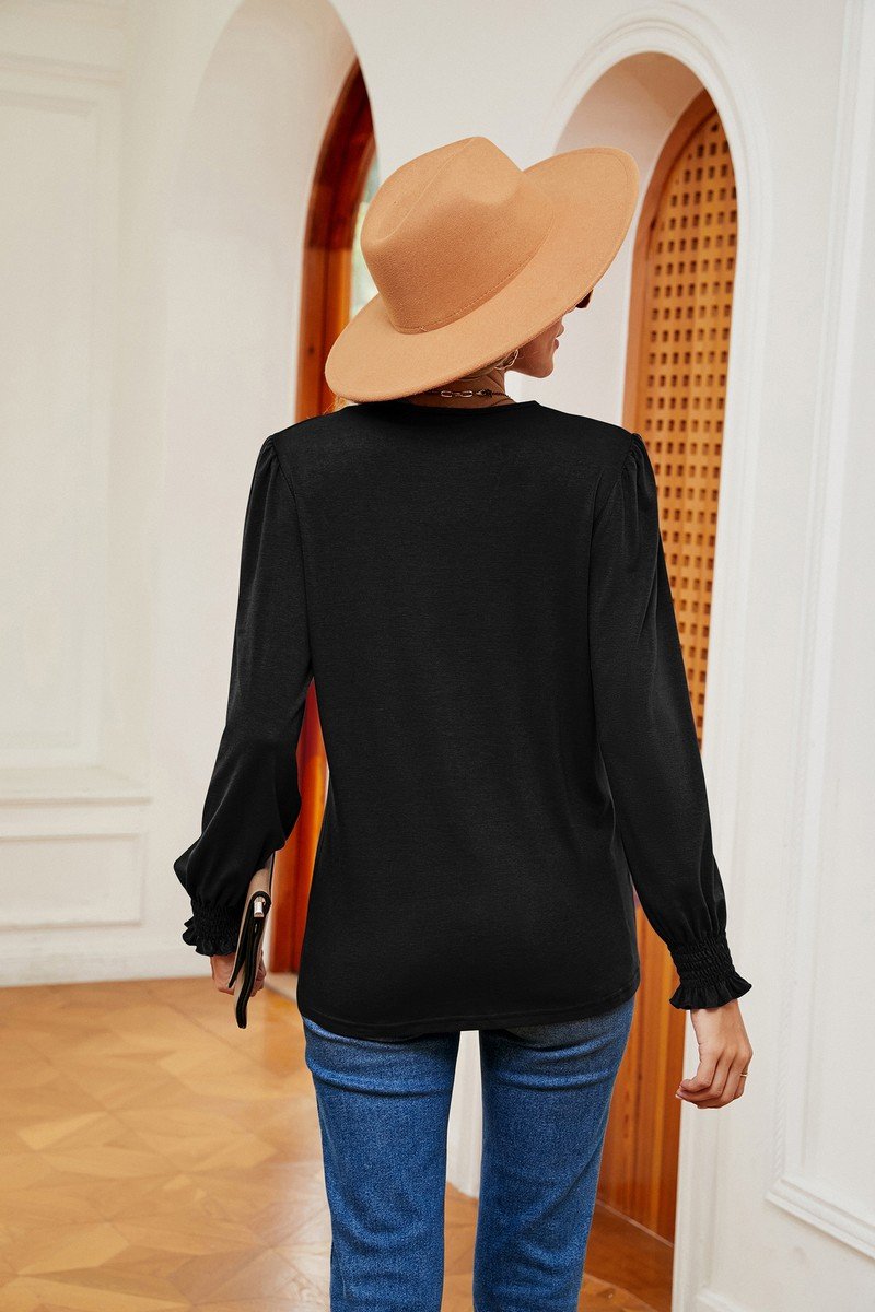 WOMEN GUIPURE LACE TRIM LONG SLEEVE CASUAL BLOUSE