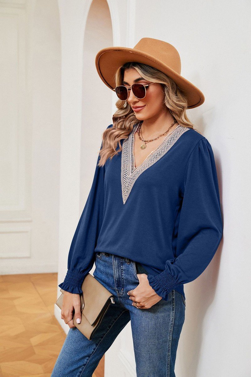 WOMEN GUIPURE LACE TRIM LONG SLEEVE CASUAL BLOUSE