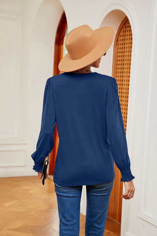WOMEN GUIPURE LACE TRIM LONG SLEEVE CASUAL BLOUSE