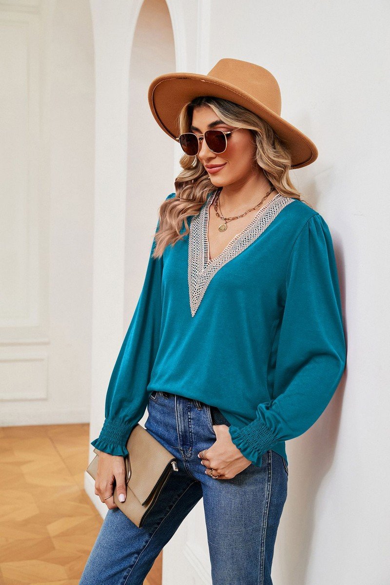 WOMEN GUIPURE LACE TRIM LONG SLEEVE CASUAL BLOUSE