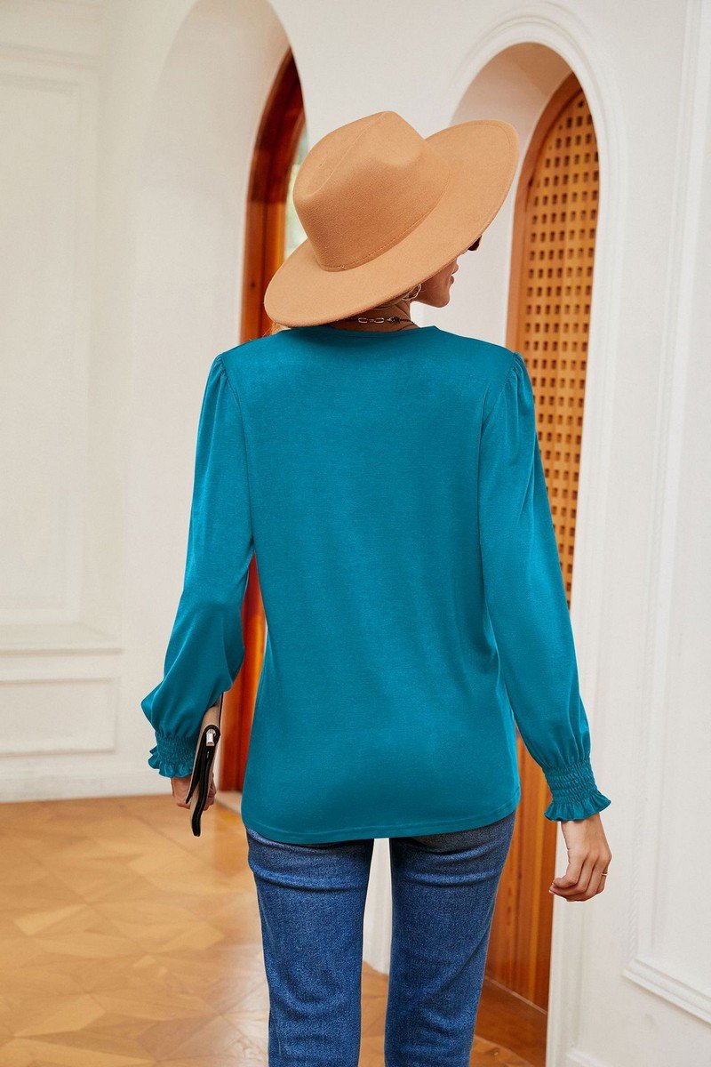 WOMEN GUIPURE LACE TRIM LONG SLEEVE CASUAL BLOUSE