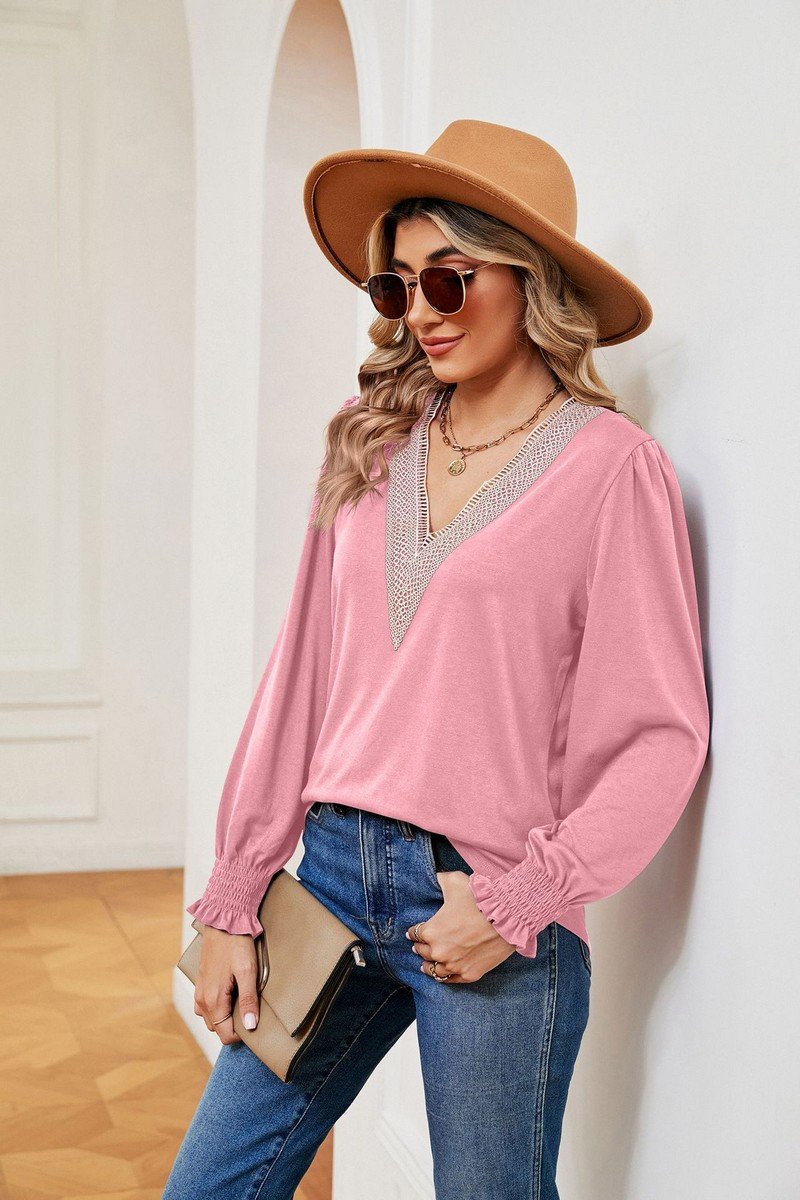 WOMEN GUIPURE LACE TRIM LONG SLEEVE CASUAL BLOUSE
