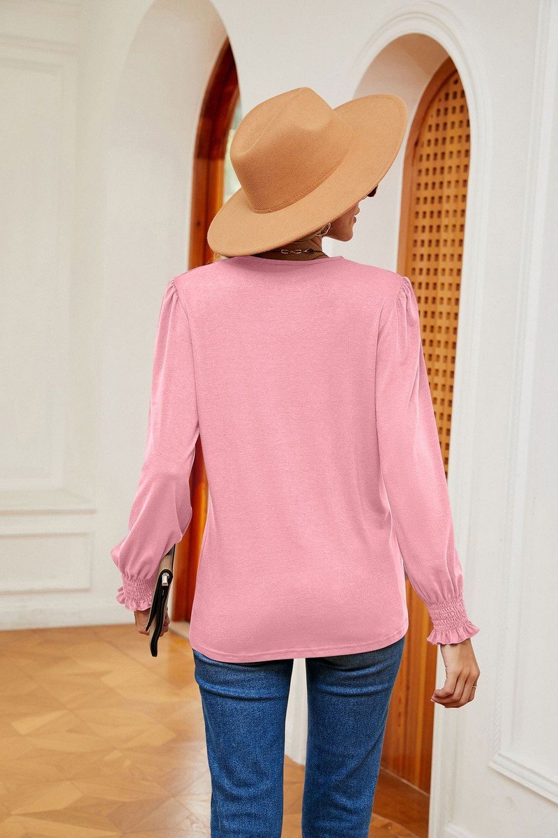 WOMEN GUIPURE LACE TRIM LONG SLEEVE CASUAL BLOUSE