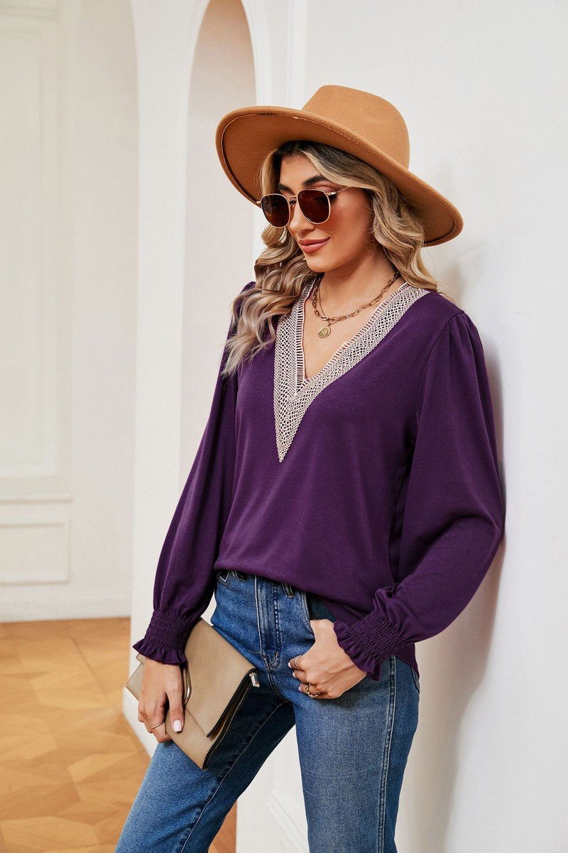 WOMEN GUIPURE LACE TRIM LONG SLEEVE CASUAL BLOUSE