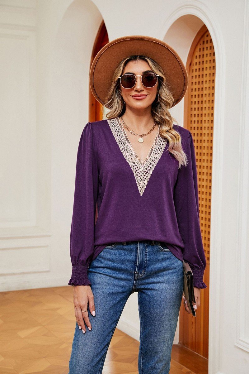 WOMEN GUIPURE LACE TRIM LONG SLEEVE CASUAL BLOUSE
