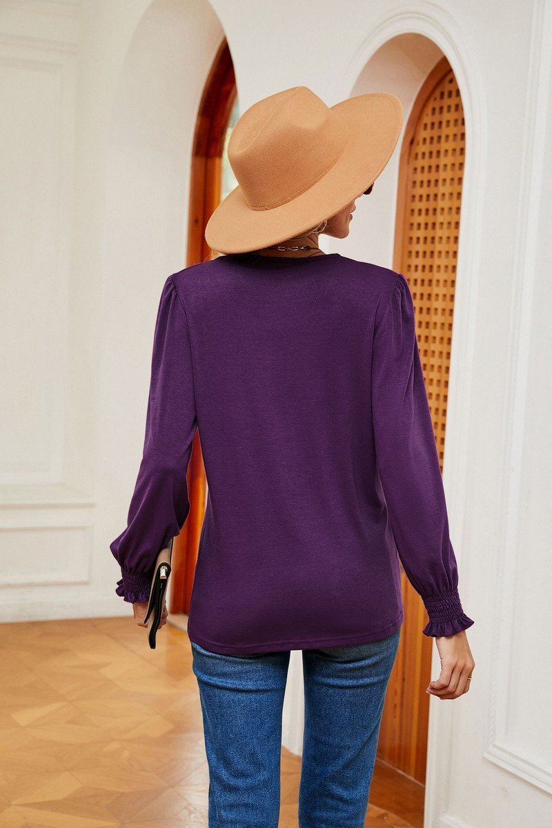 WOMEN GUIPURE LACE TRIM LONG SLEEVE CASUAL BLOUSE