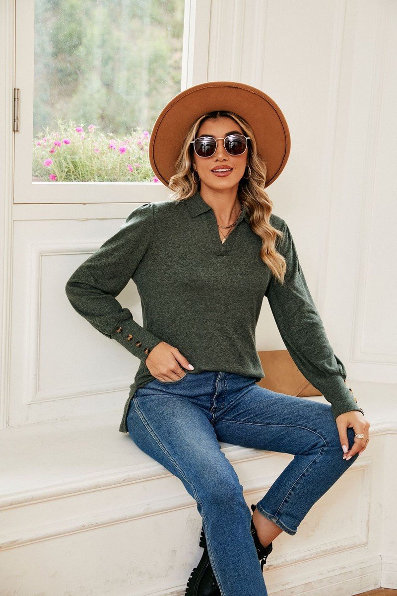 WOMEN COLLARED BUTTON DECKED CUFF BASIC T SHIRT