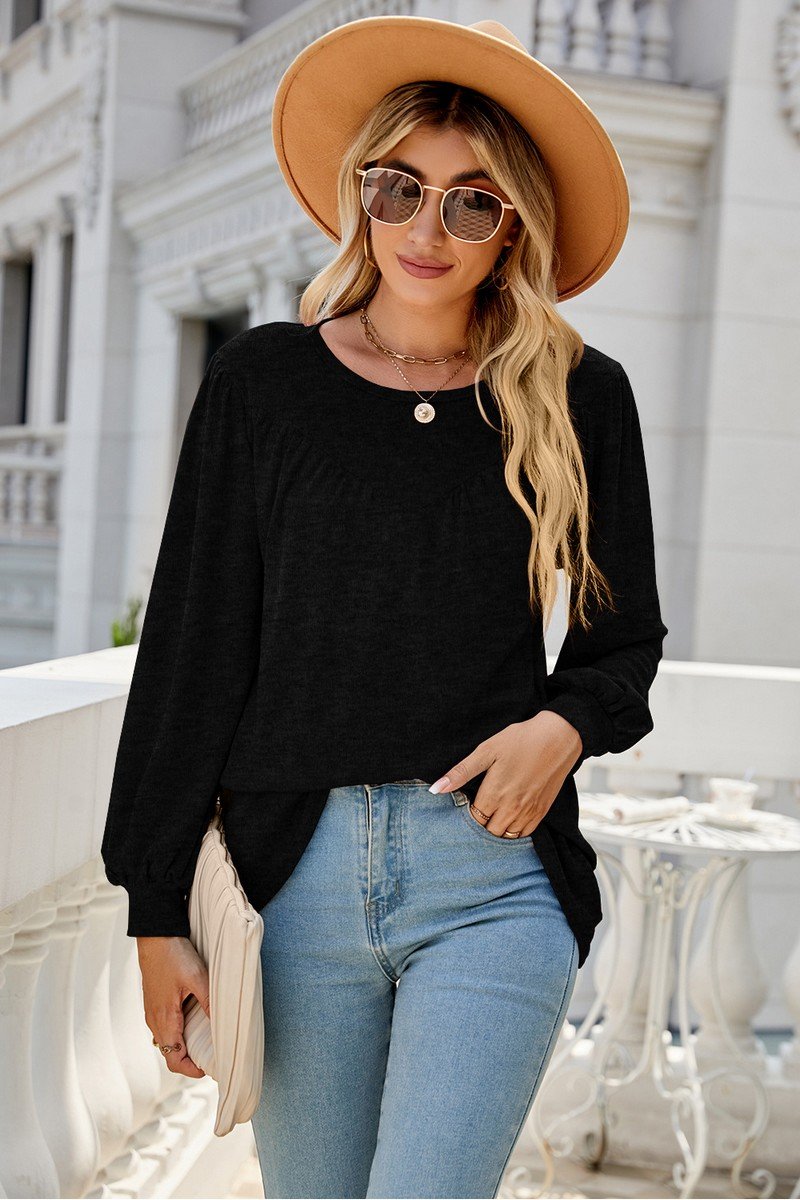 WOMEN LONG SLEEVE ROUND NECK BASIC SOLID T SHIRT