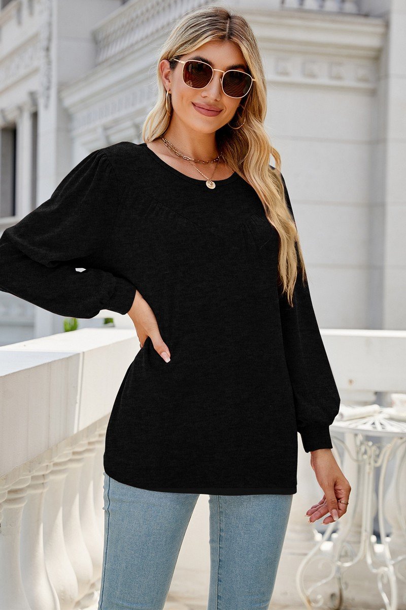WOMEN LONG SLEEVE ROUND NECK BASIC SOLID T SHIRT