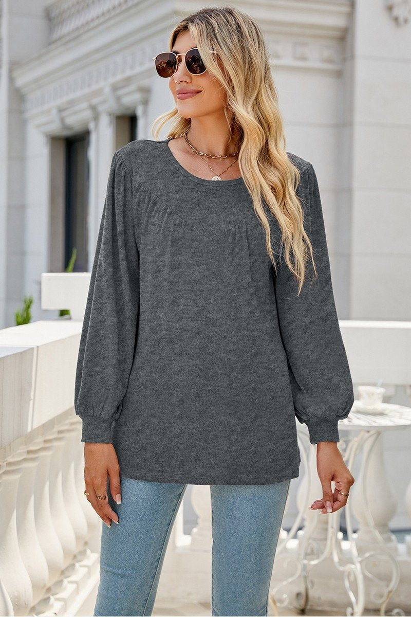 WOMEN LONG SLEEVE ROUND NECK BASIC SOLID T SHIRT
