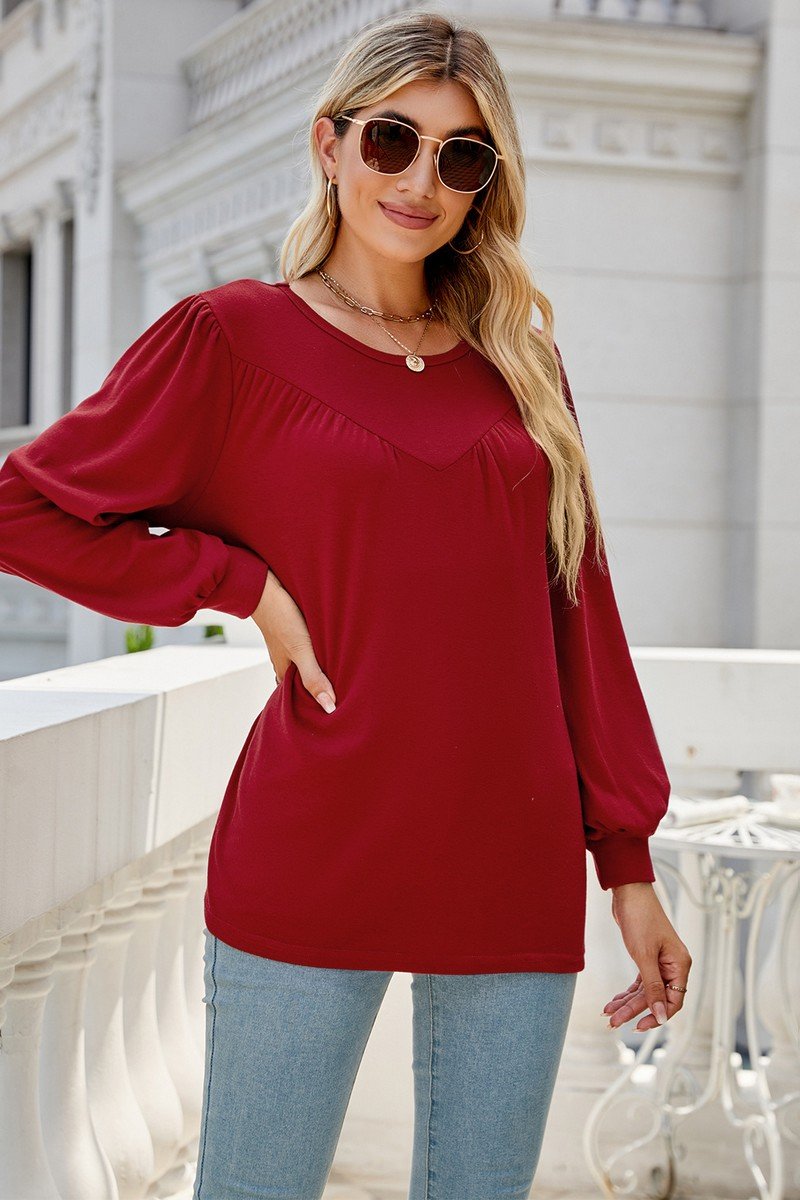 WOMEN LONG SLEEVE ROUND NECK BASIC SOLID T SHIRT