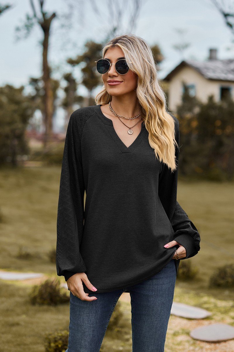 WOMEN V NECK LONG SLEEVE LOOSE FIT CASUAL TOP