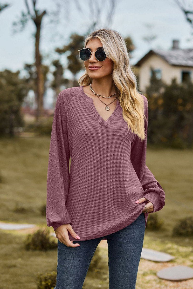 WOMEN V NECK LONG SLEEVE LOOSE FIT CASUAL TOP