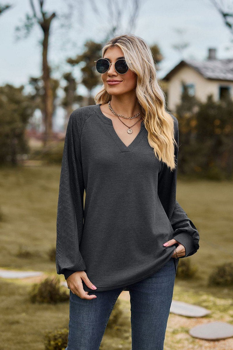 WOMEN V NECK LONG SLEEVE LOOSE FIT CASUAL TOP