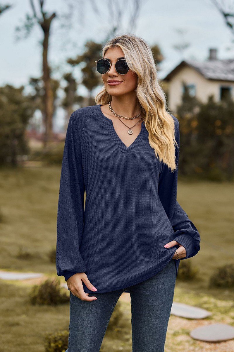 WOMEN V NECK LONG SLEEVE LOOSE FIT CASUAL TOP
