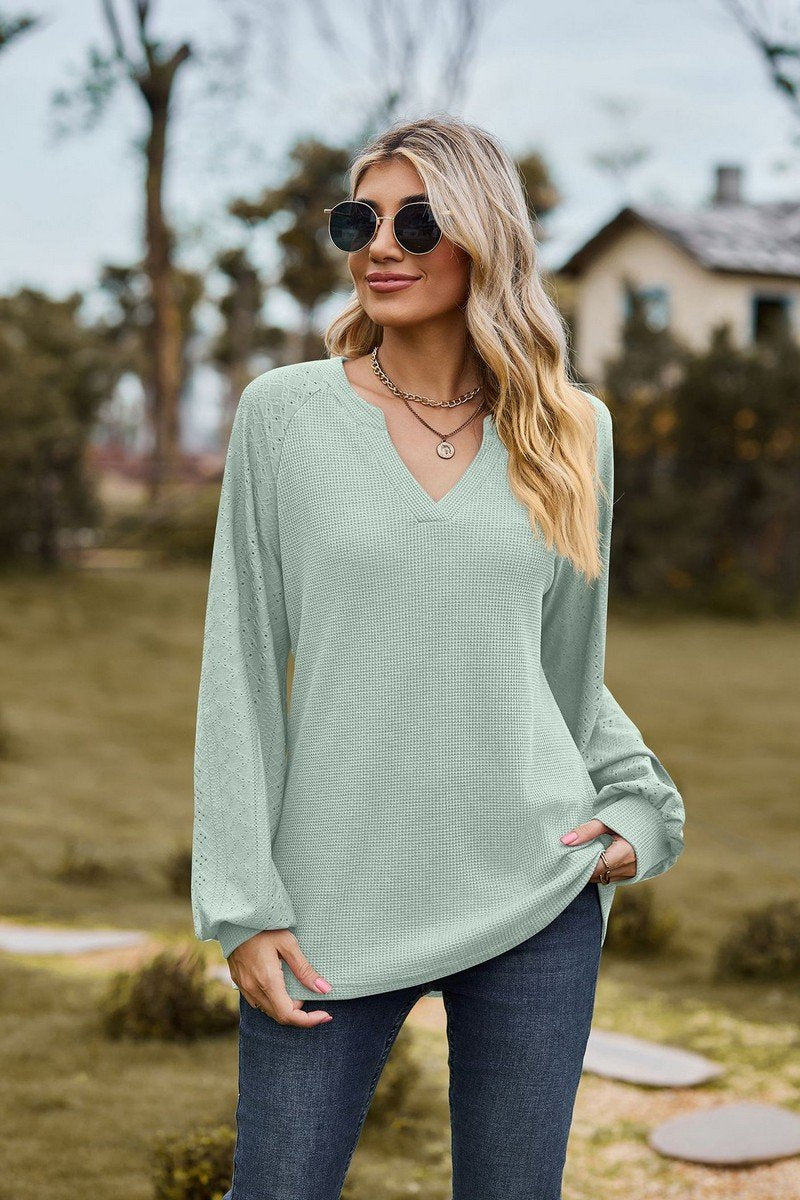 WOMEN V NECK LONG SLEEVE LOOSE FIT CASUAL TOP