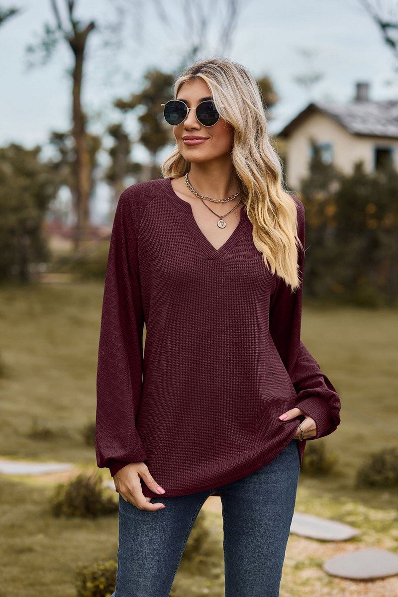 WOMEN V NECK LONG SLEEVE LOOSE FIT CASUAL TOP