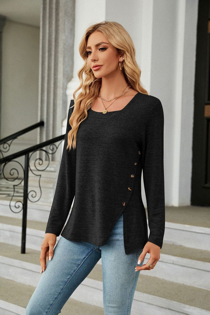 WOMEN SQUARE NECK LONG SLEEVE SIDE SLIT T SHIRT