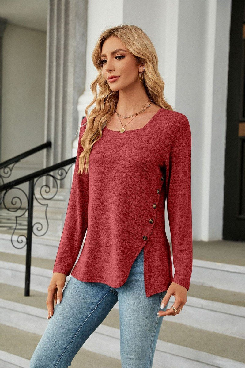 WOMEN SQUARE NECK LONG SLEEVE SIDE SLIT T SHIRT