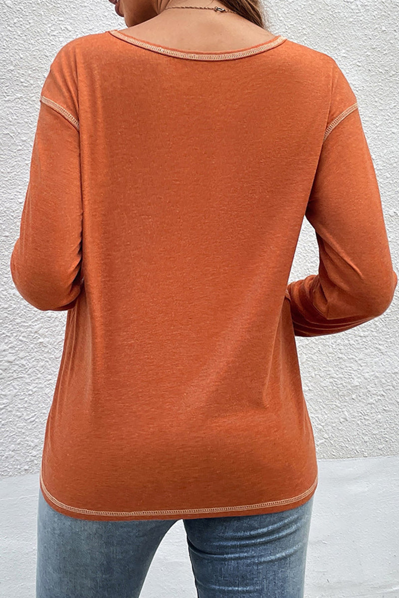 WOMEN'S T SHIRT TEE BURGUNDY TEE PLAIN BUTTON LONG SLEEVE DAILY WEEKEND BASIC ROUND NECK REGULAR FIT