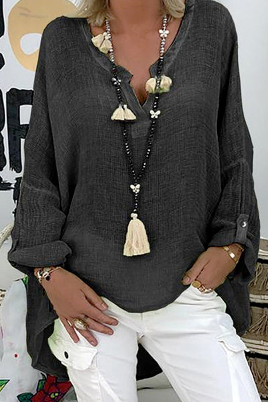 WOMEN'S SHIRT BLOUSE LINEN BLACK WHITE PINK PLAIN LONG SLEEVE CASUAL BASIC V NECK REGULAR FIT SPRING FALL