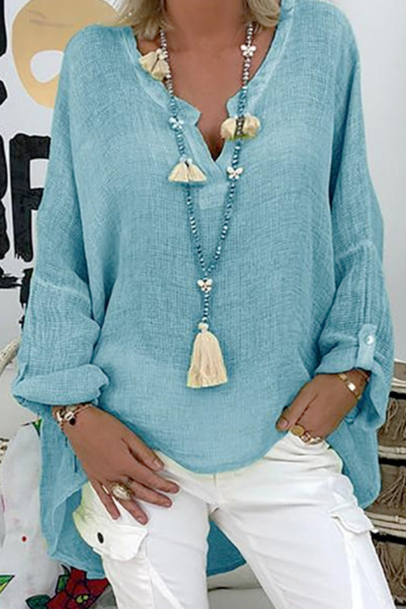 WOMEN'S SHIRT BLOUSE LINEN BLACK WHITE PINK PLAIN LONG SLEEVE CASUAL BASIC V NECK REGULAR FIT SPRING FALL