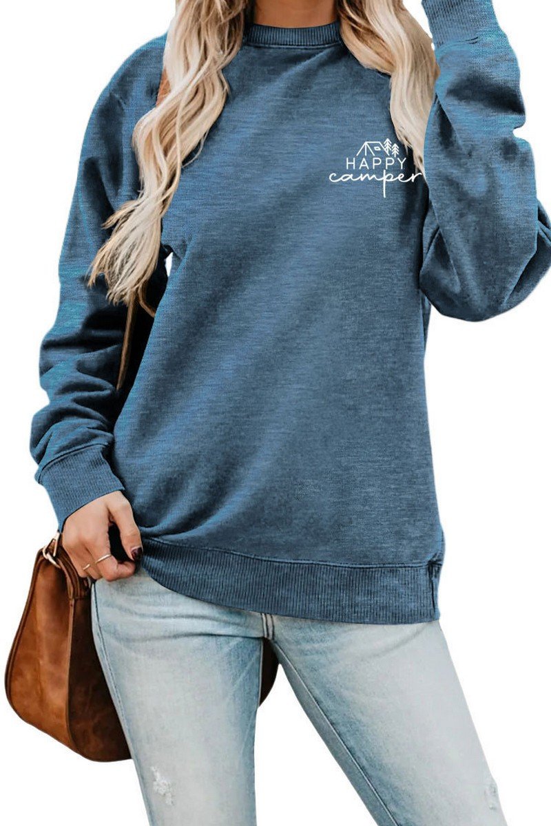 WOMEN CAMPING PRINT OVERSIZED RIBBED CASUAL TEE